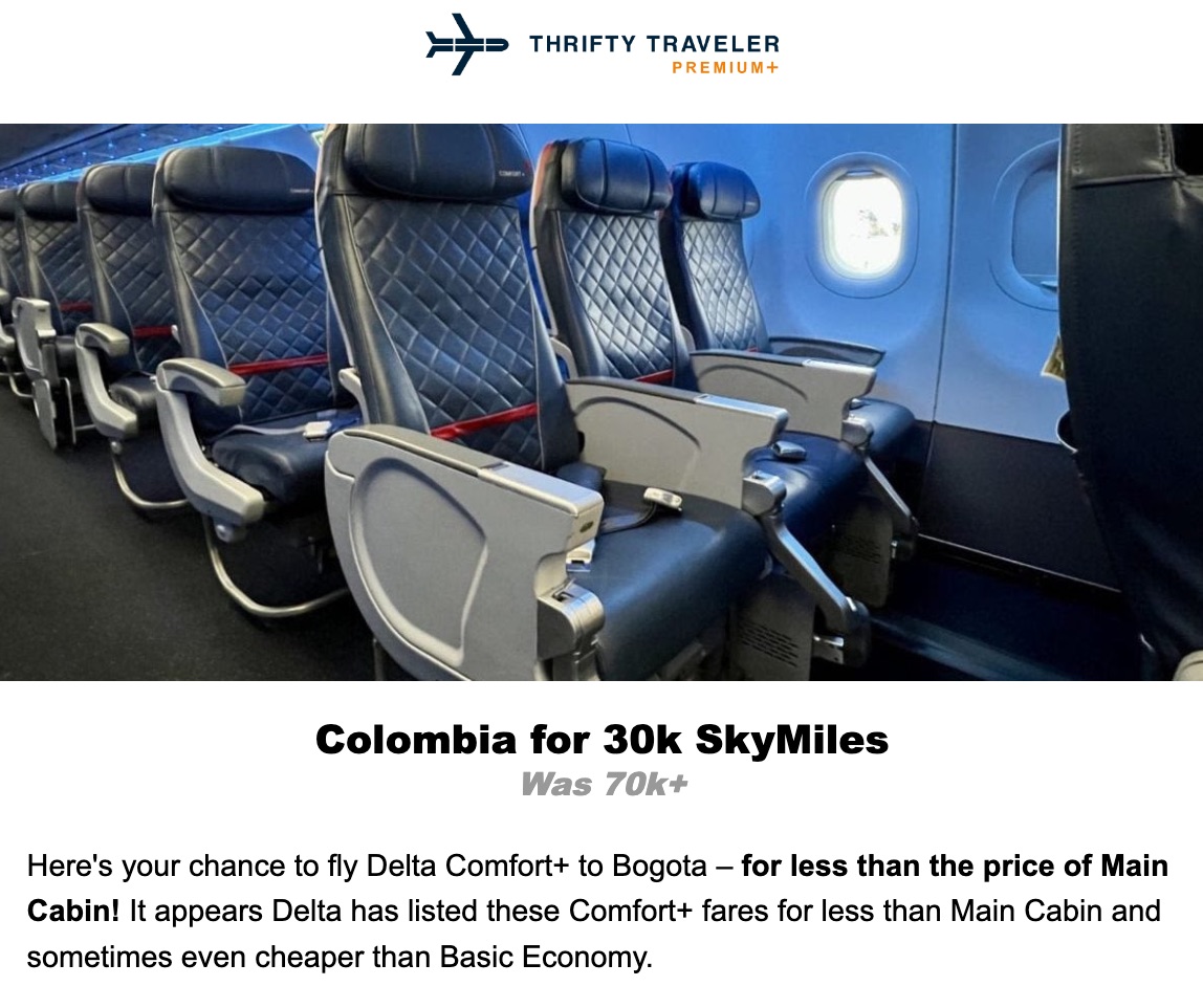 Thrifty Traveler Premium deal Delta Comfort Plus Bogota Colombia