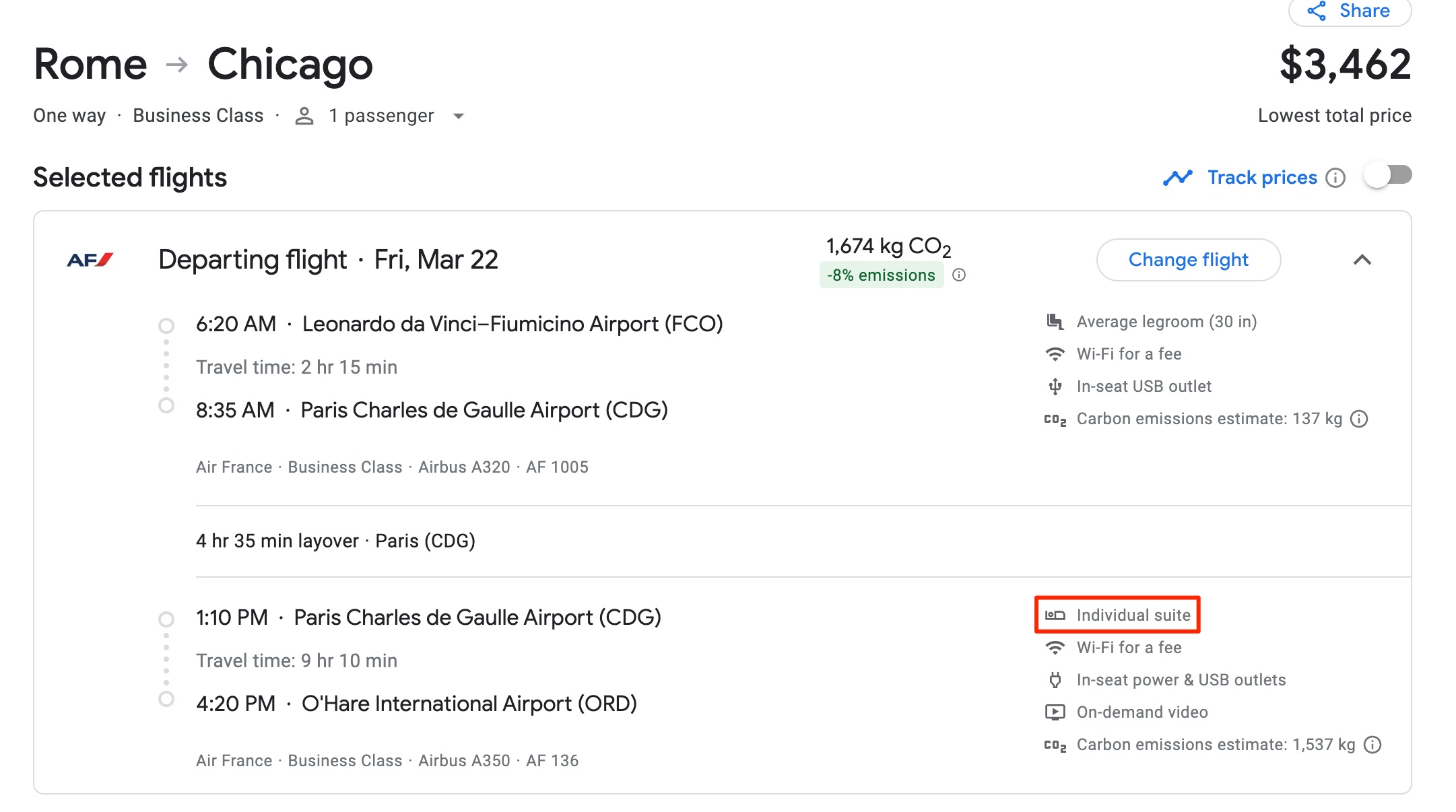 Google Flights air france business class