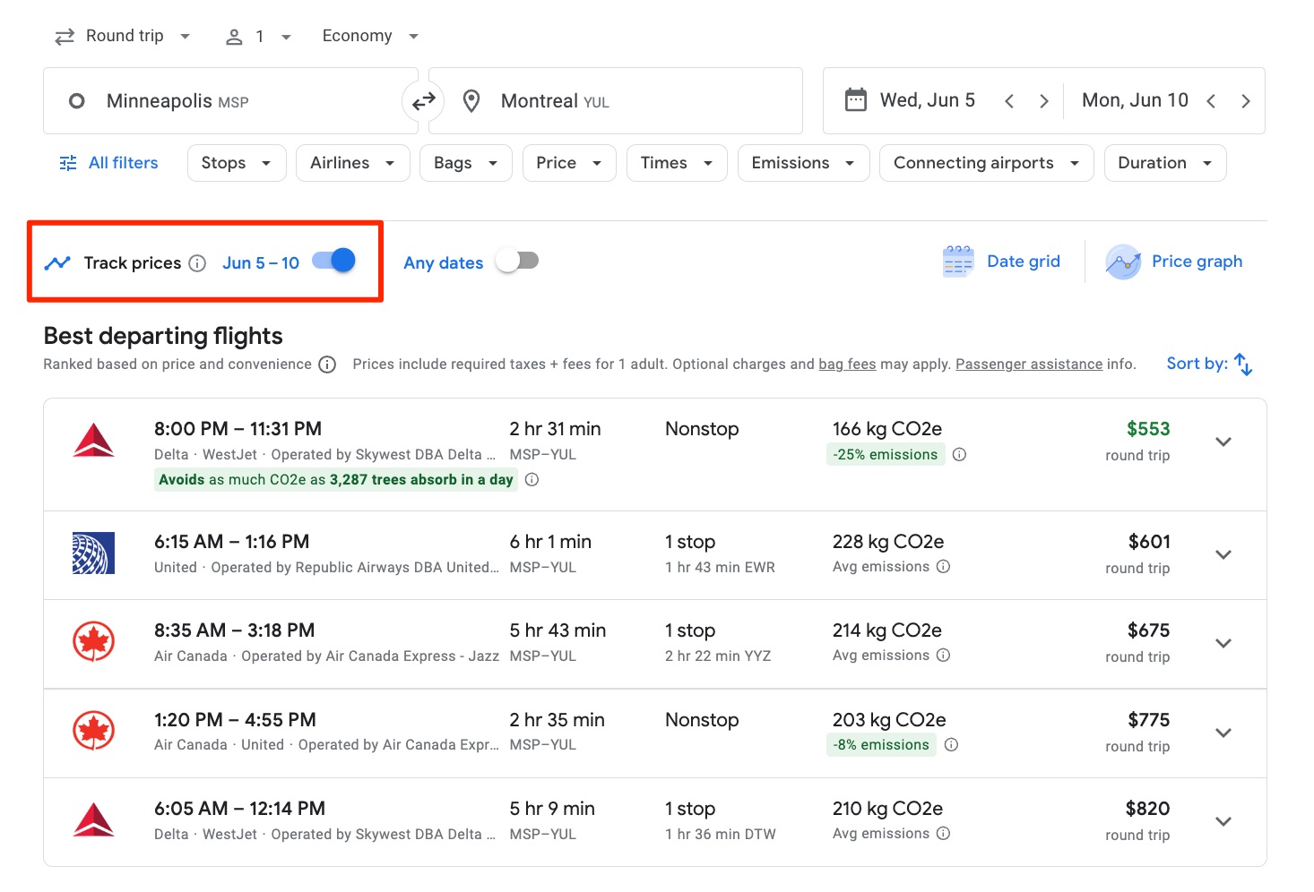 Google Flights price alert for flights from Minneapolis to Montreal. 