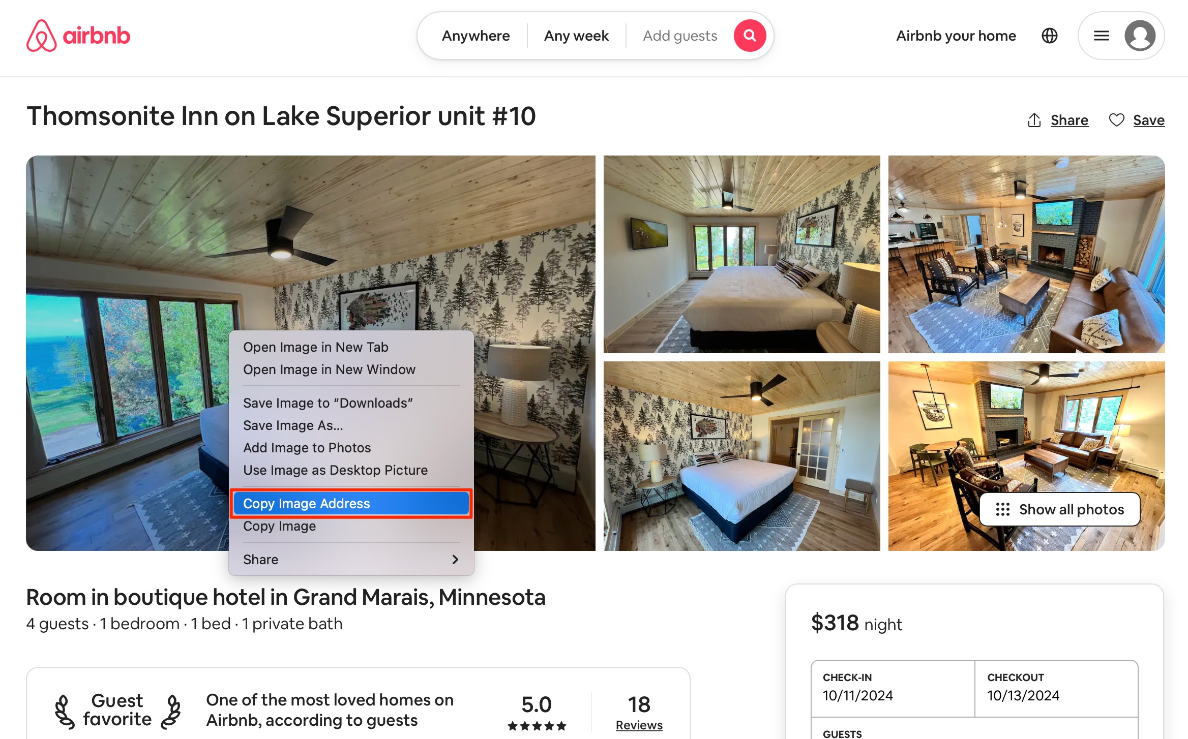 Grand Marais Airbnb listing reverse image search Safari