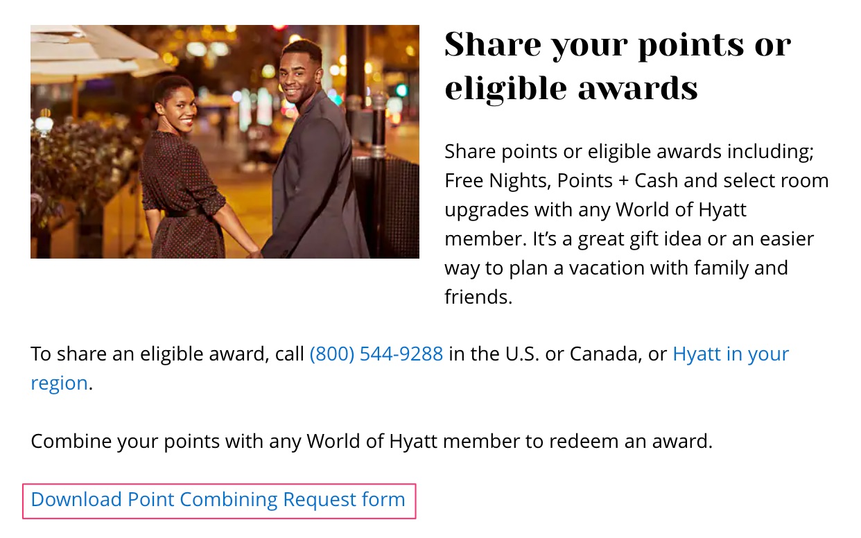 Hyatt points combining page with PDF form hyperlink