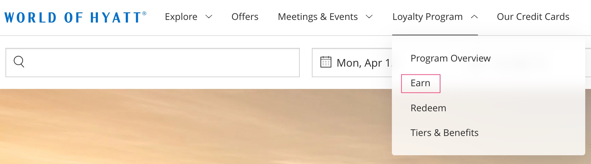 World of Hyatt Website "Loyalty Program" tab, clicking "Earn" 