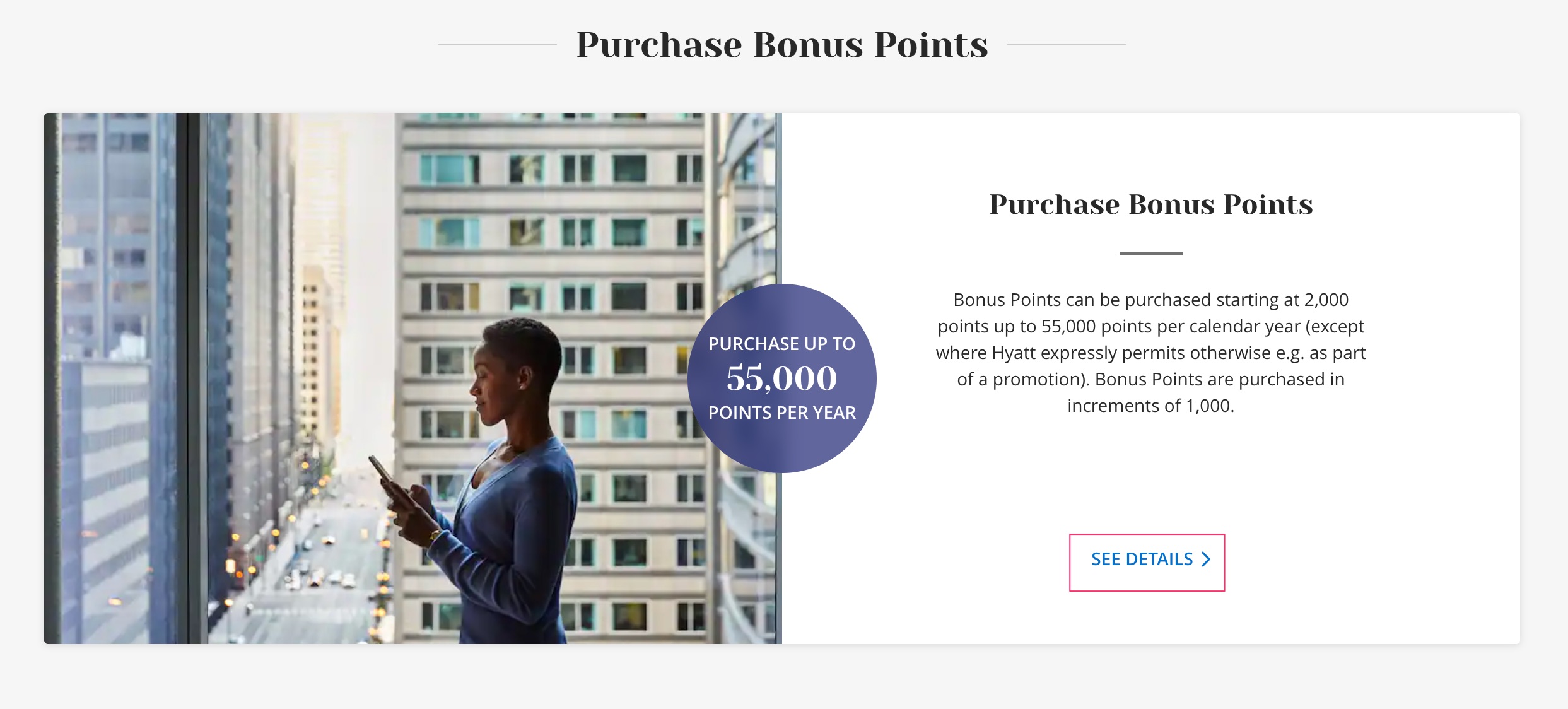 Hyatt purchase points page, selecting "See Details"