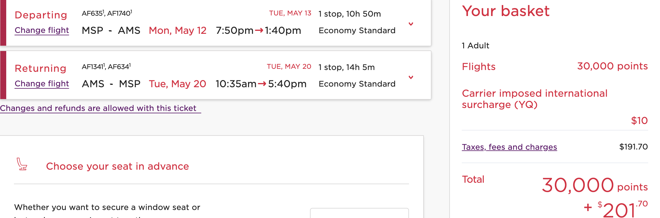 KLM Virgin Redemption from MSP to AMS