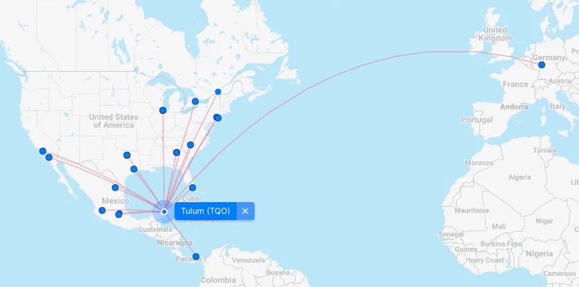 Map of nonstop flights from Tulum (TQO)