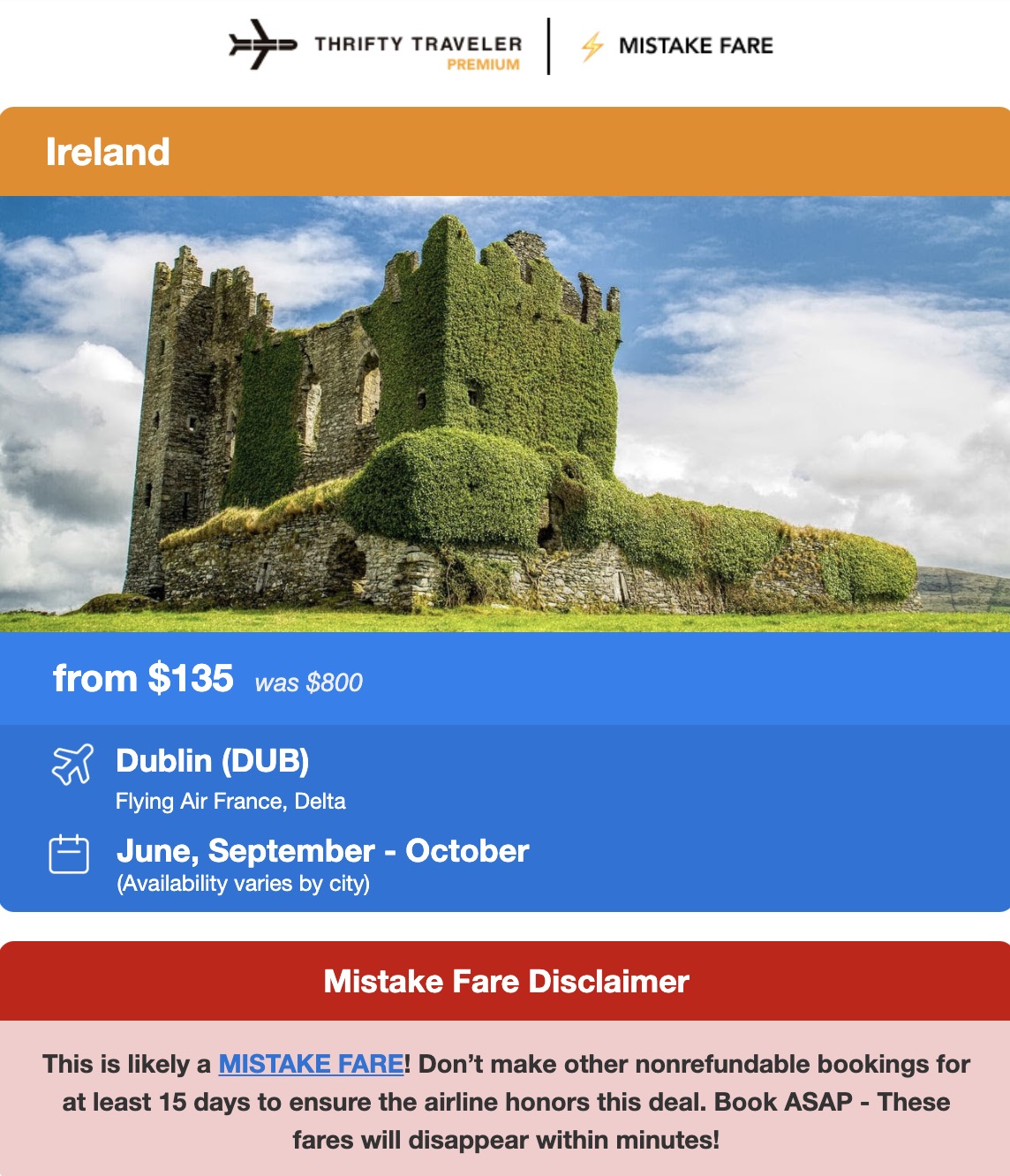 screenshot of a flight deal alert