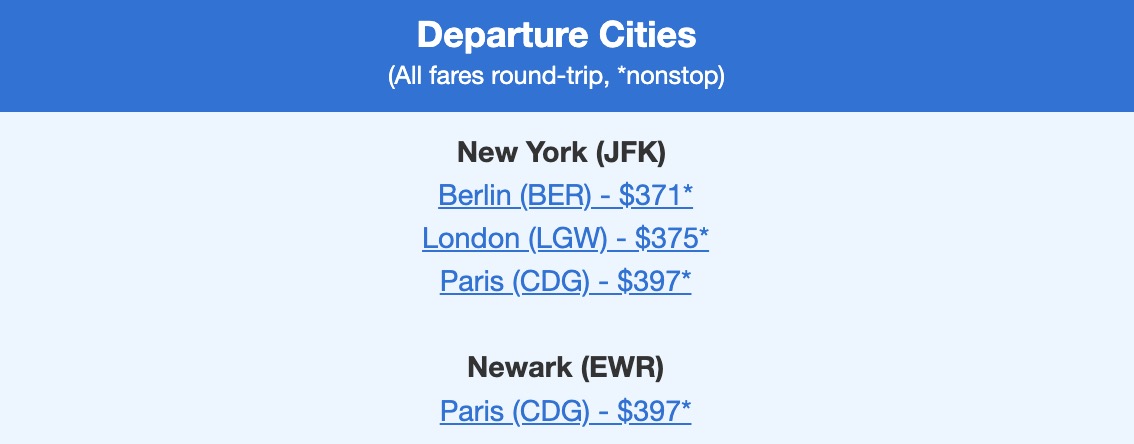 A list of New York City flights to Europe. 