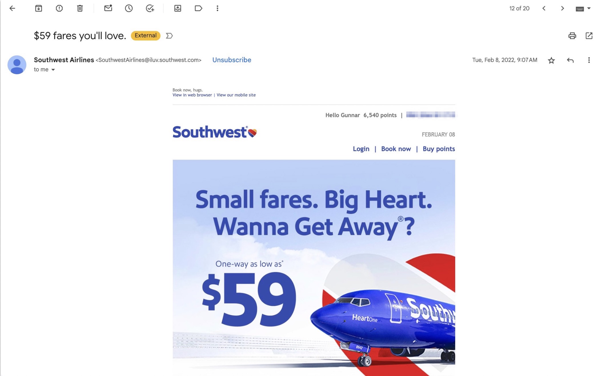 Southwest email example