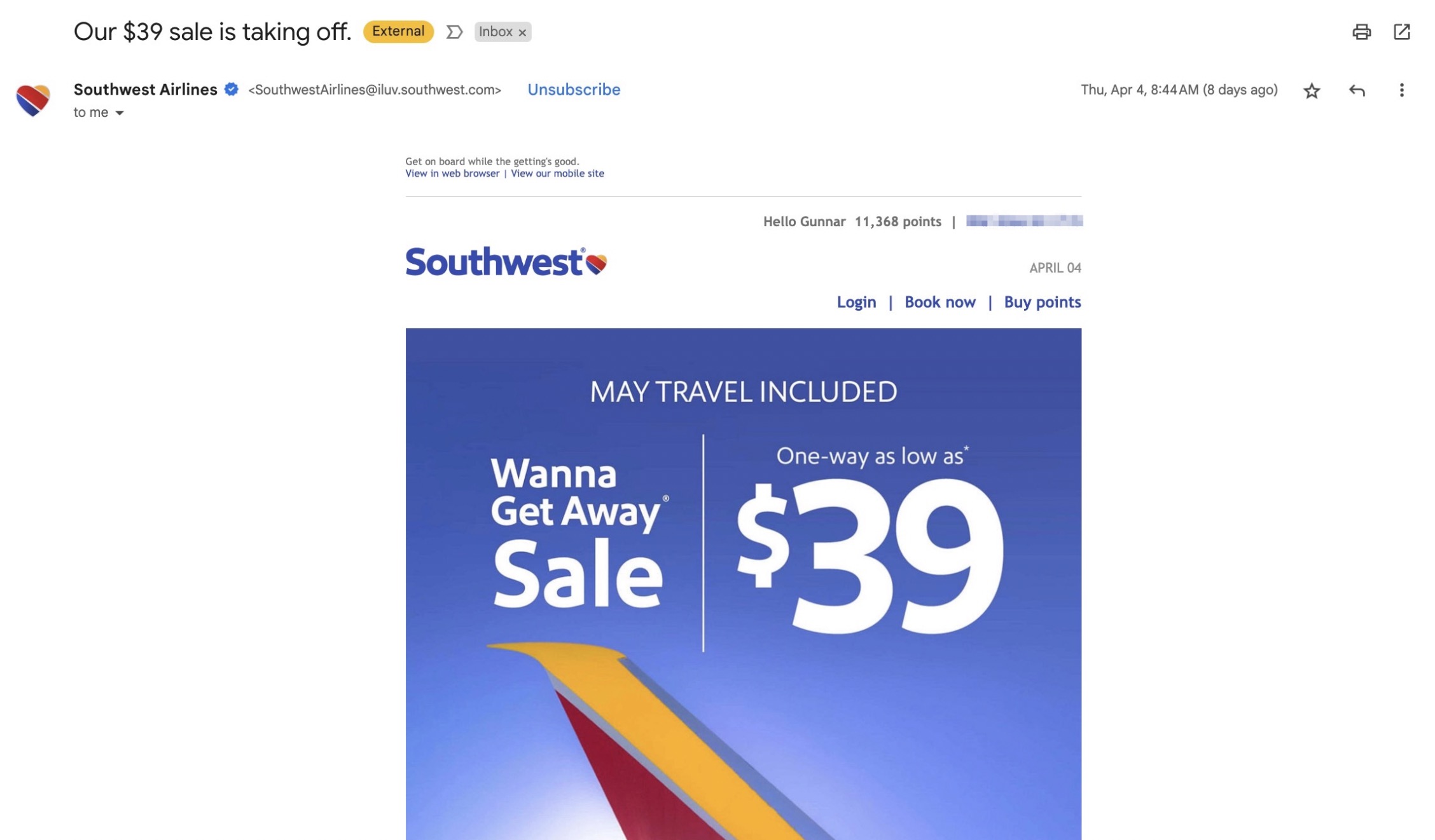 Southwest sale email