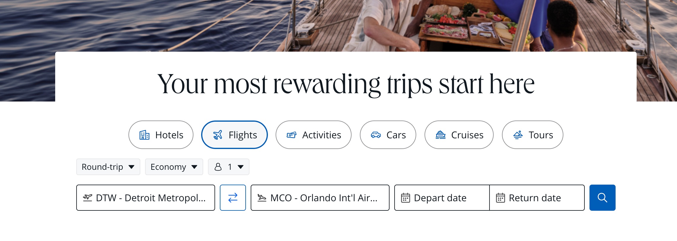 a chase travel portal search for flights
