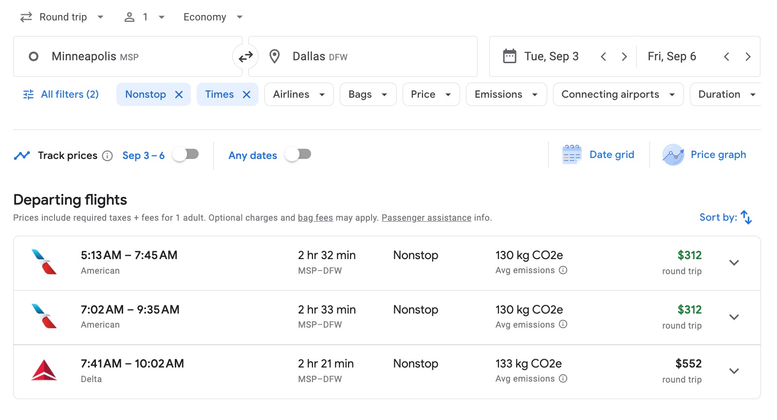 price comparison on google flights