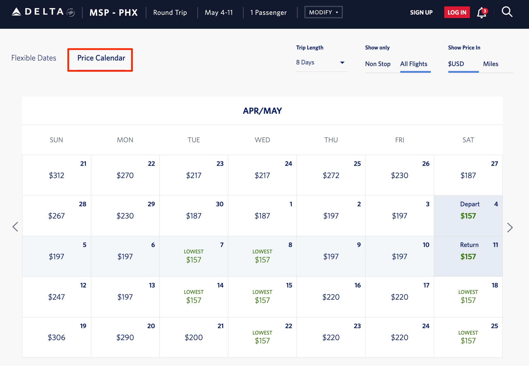 delta price calendar