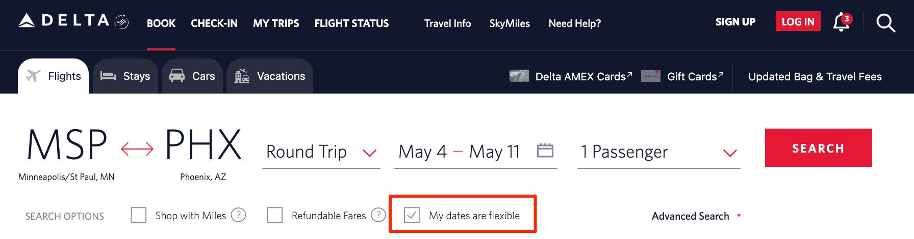 delta flexible dates search