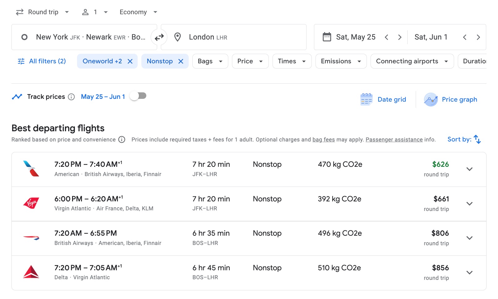 new york to london flight prices