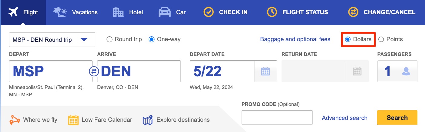 southwest cash points search