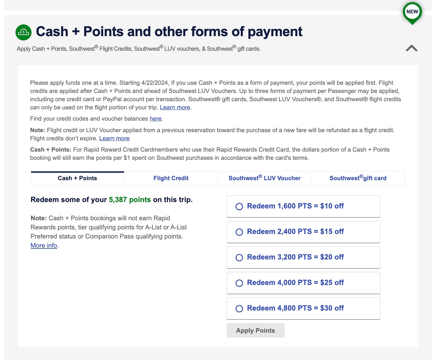 southwest cash plus points