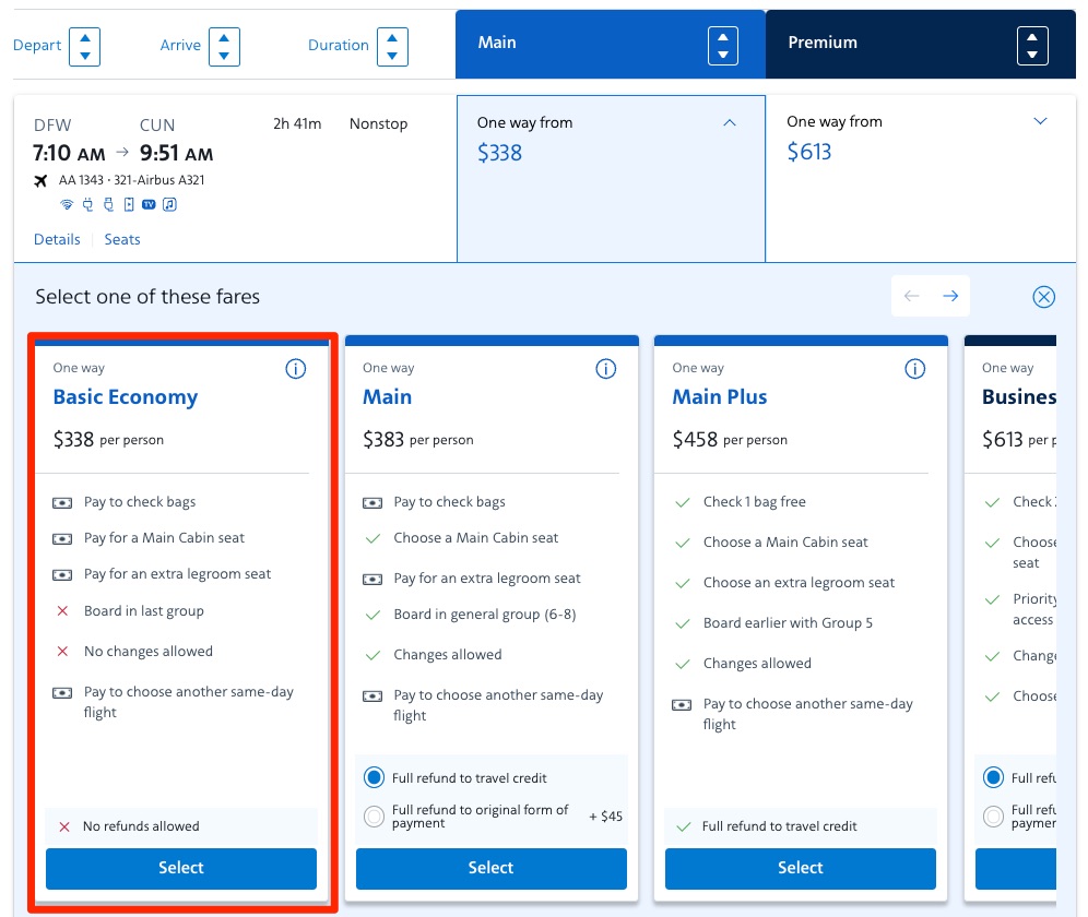 AA DFW-CUN fare types