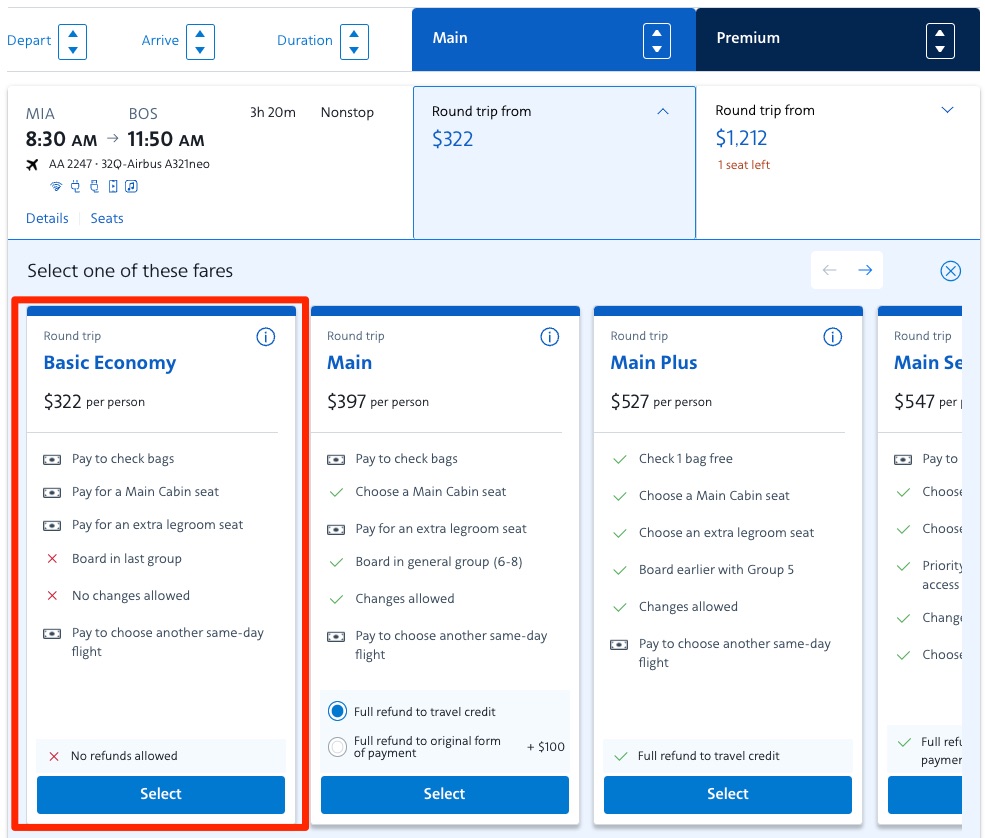 AA Different Fare Types