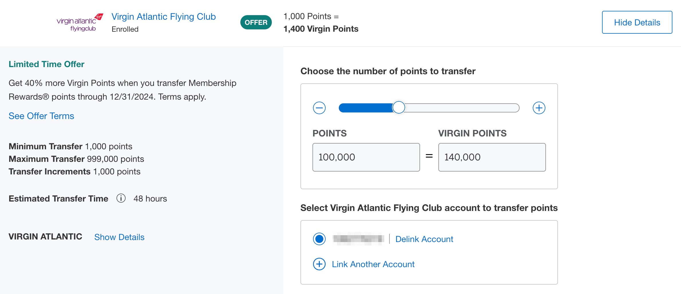 40% transfer bonus from Amex to Virgin