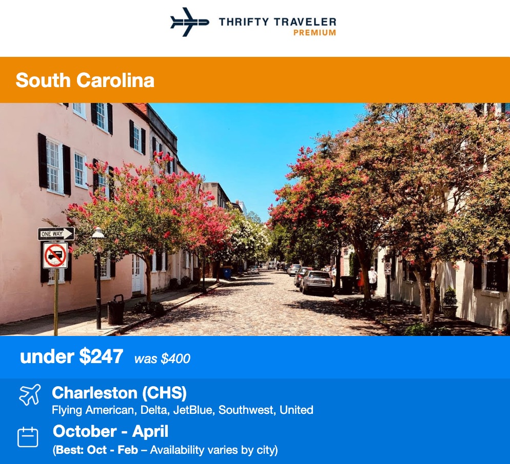 Charleston Thrifty Traveler Premium flight deal