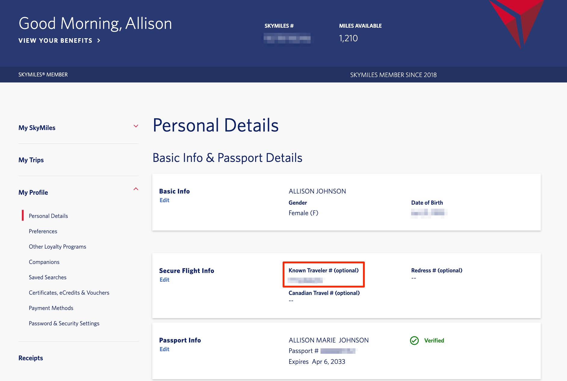 Known Traveler Number Delta SkyMiles account