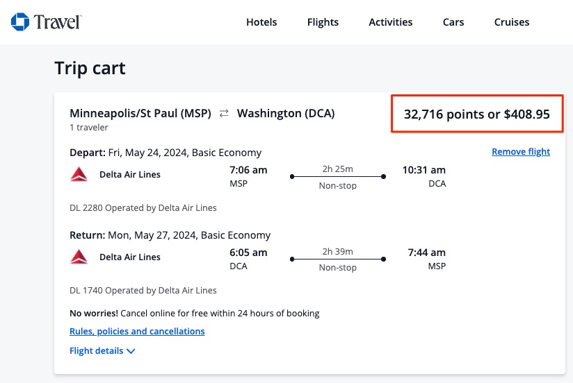 MSP-DCA Delta Chase Travel Booking