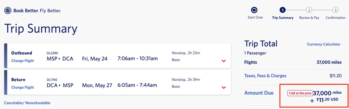 MSP-DCA Delta SkyMiles Booking