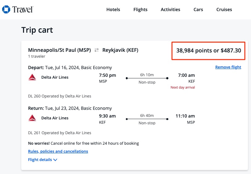 MSP-KEF Delta Chase Travel Booking