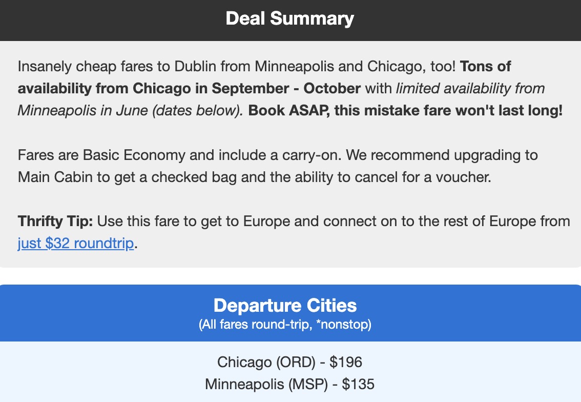 Mistake fare to Dublin