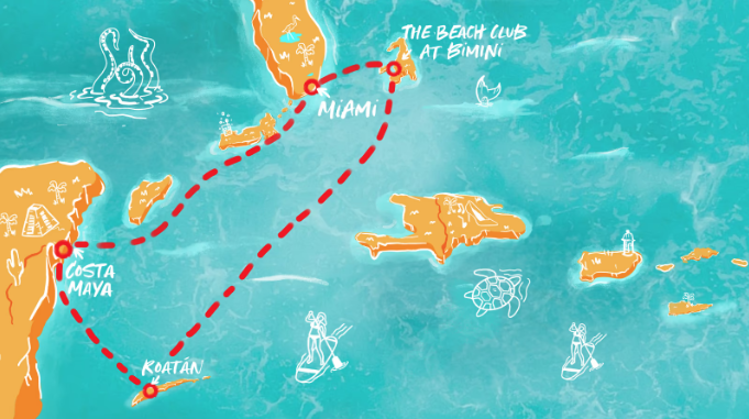 Map of Virgin Voyage route from Florida to Mexico, Honduras, and back to Miami.