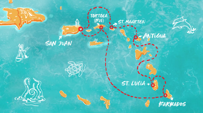 Map of the Caribbean showing Virgin Voyages cruise stops. 