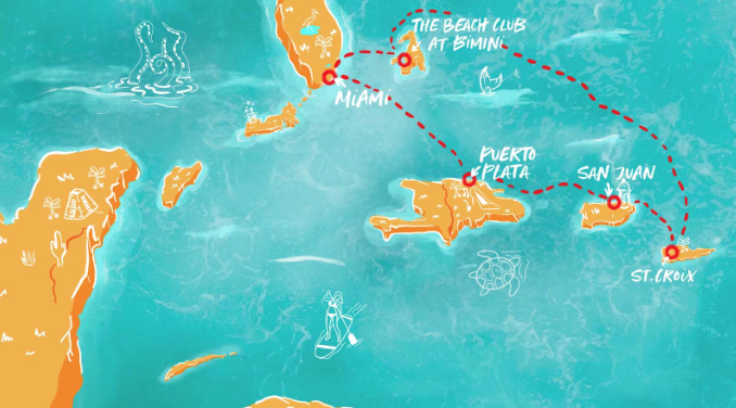 Map of the Caribbean showing stop in Puerto Plata, San Juan, St. Croix, and Bimini Beach Club. 