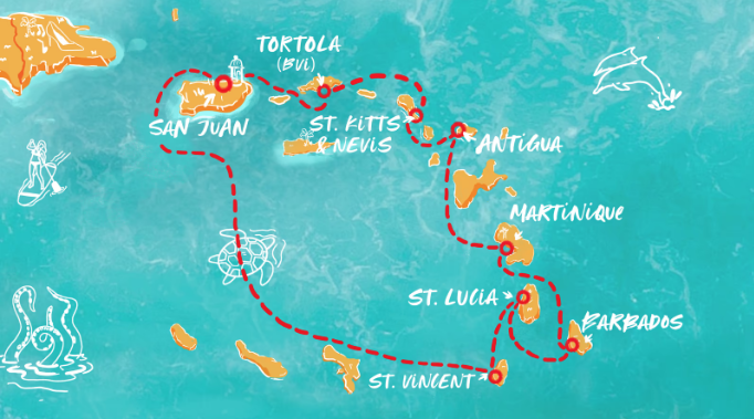 Map of the Caribbean Virgin Voyages cruise with stops in St. Kitts, Tortola, Antigua, St. Lucica, Barbados, and St. Vincent.