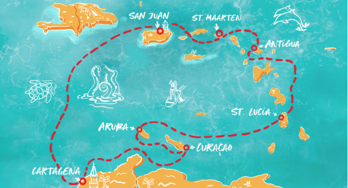 Map of the Caribbean showing Virgin Voyages cruise route from San Juan to Cartagena and back.
