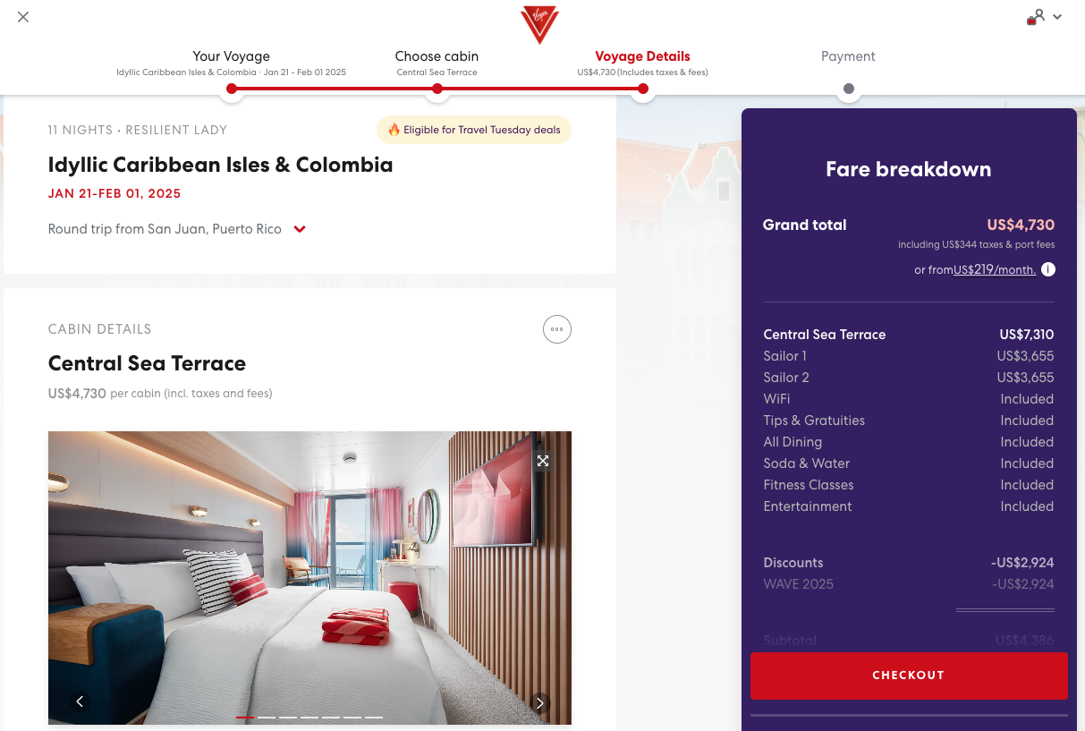 Virgin Voyages Central Sea Terrace Cabin checkout screen for $4,600