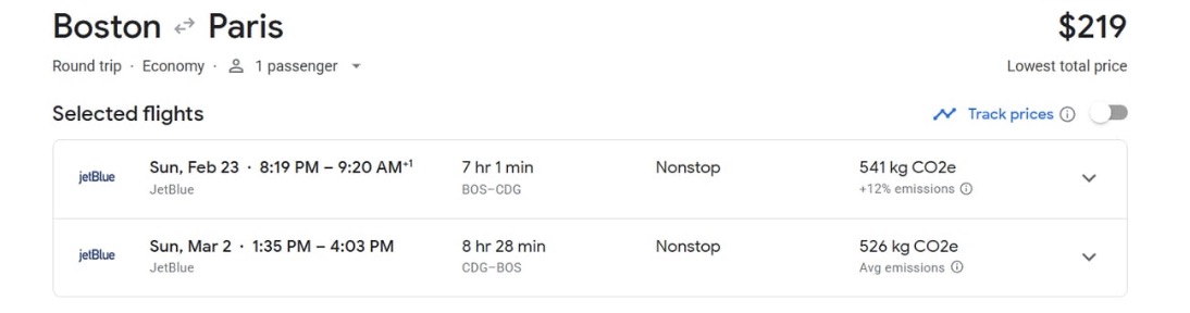 JetBlue fare from Boston to Paris for $219 roundtrip.