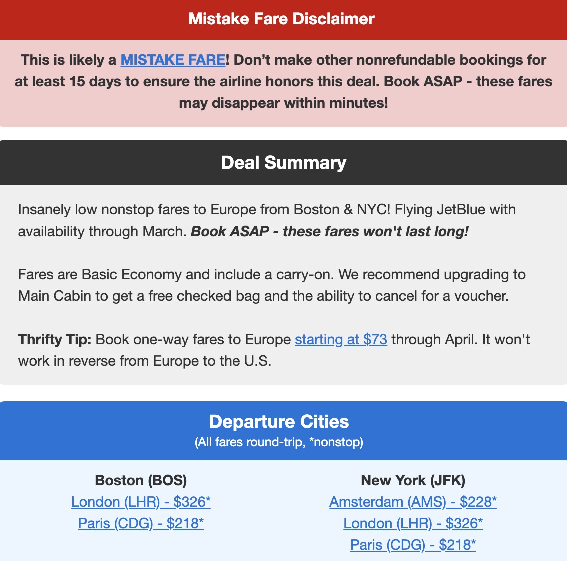 JetBlue mistake fare disclaimer, deal summary, and departure cities boxes in red, black and blue respectively.