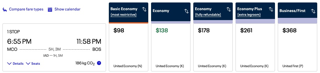 United MCO-BOS different fare types
