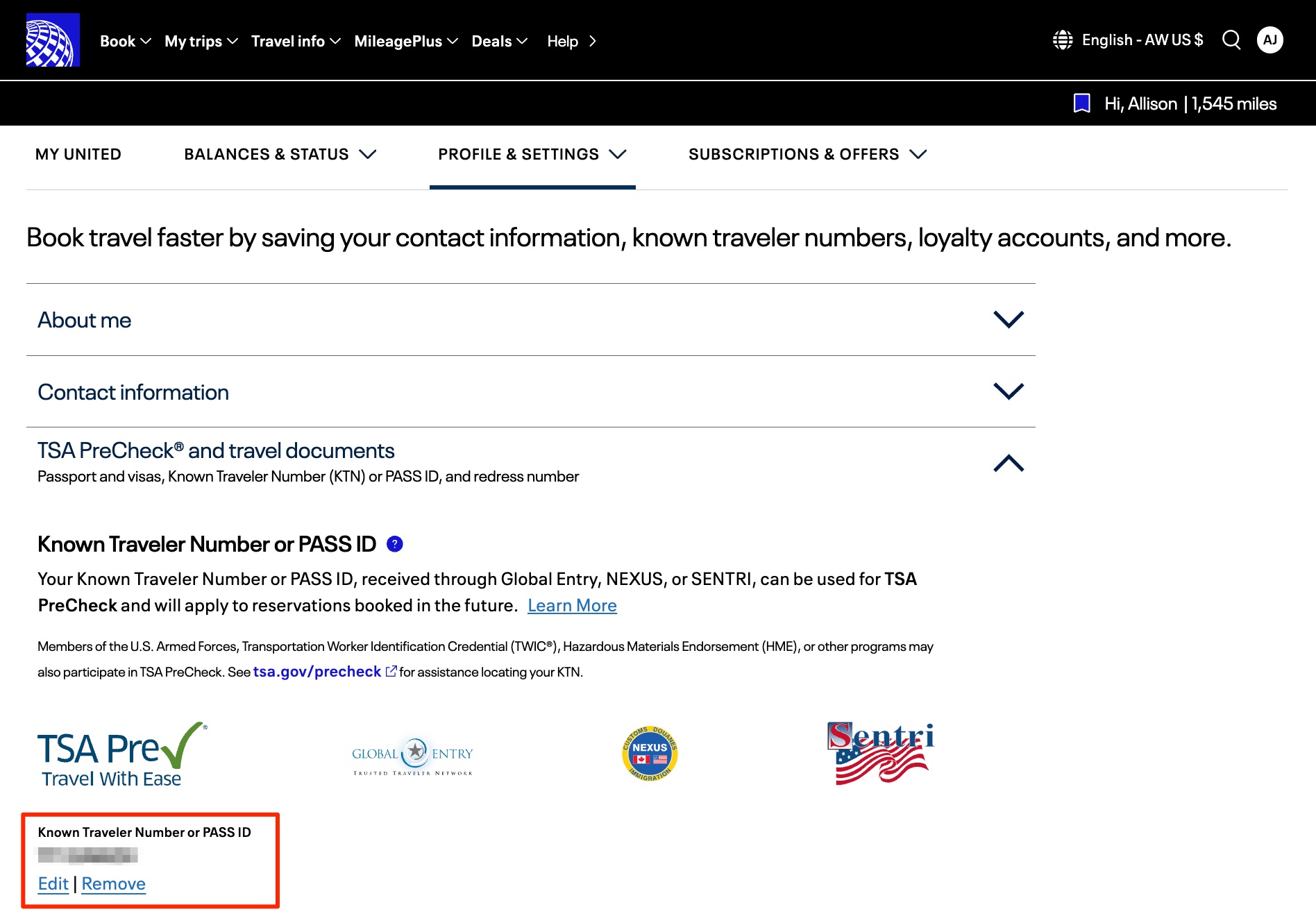 United MileagePlus TSA PreCheck KTN