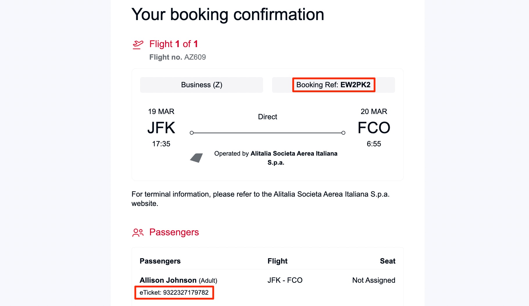 Virgin Atlantic ITA Airways biz class booking confirmation
