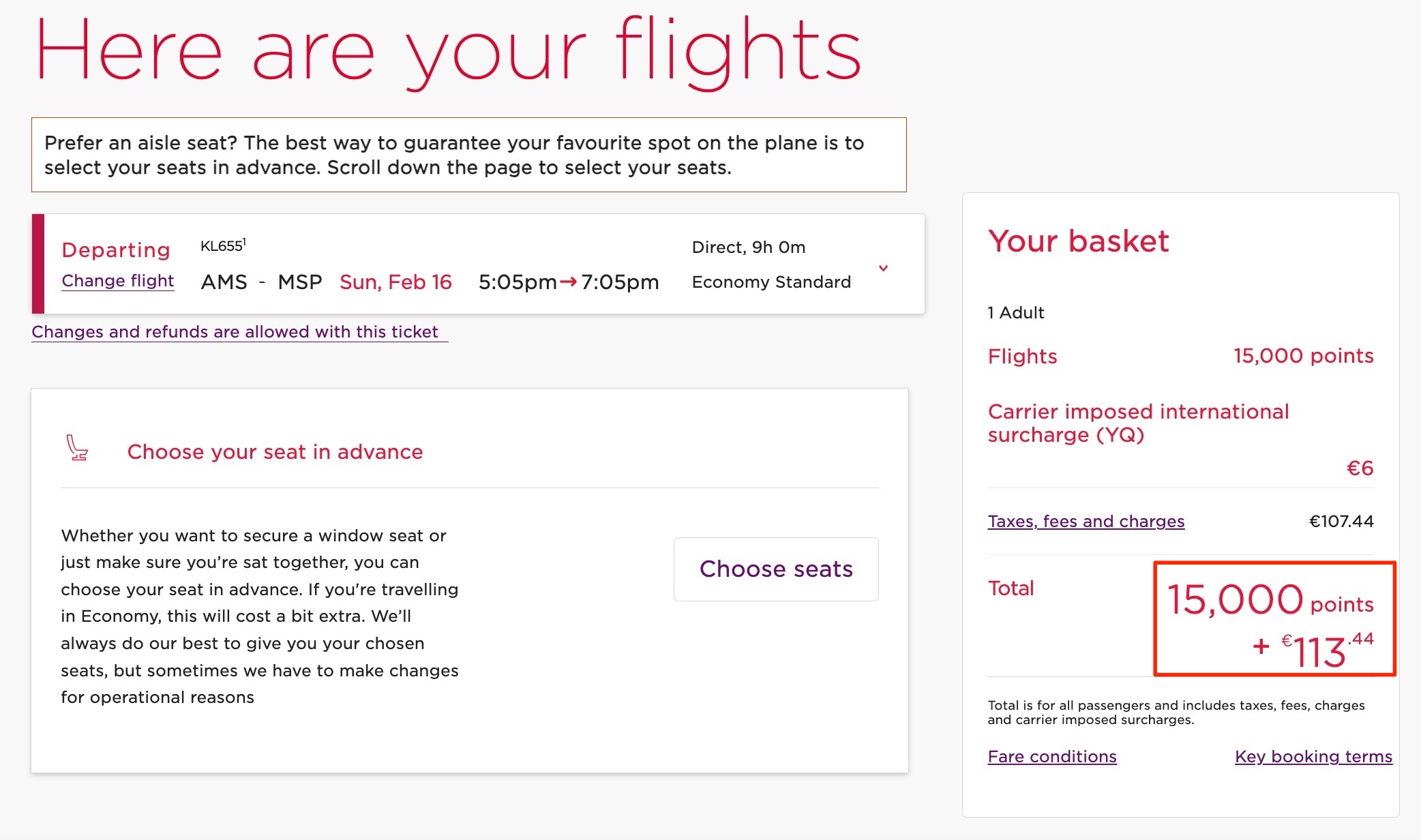 Virgin Atlantic KLM AMS-MSP economy one-way flight