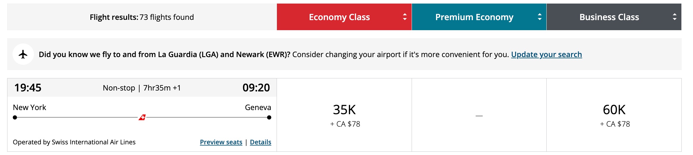 aeroplan redemption from new york to geneva in switzerland for 60,000 points