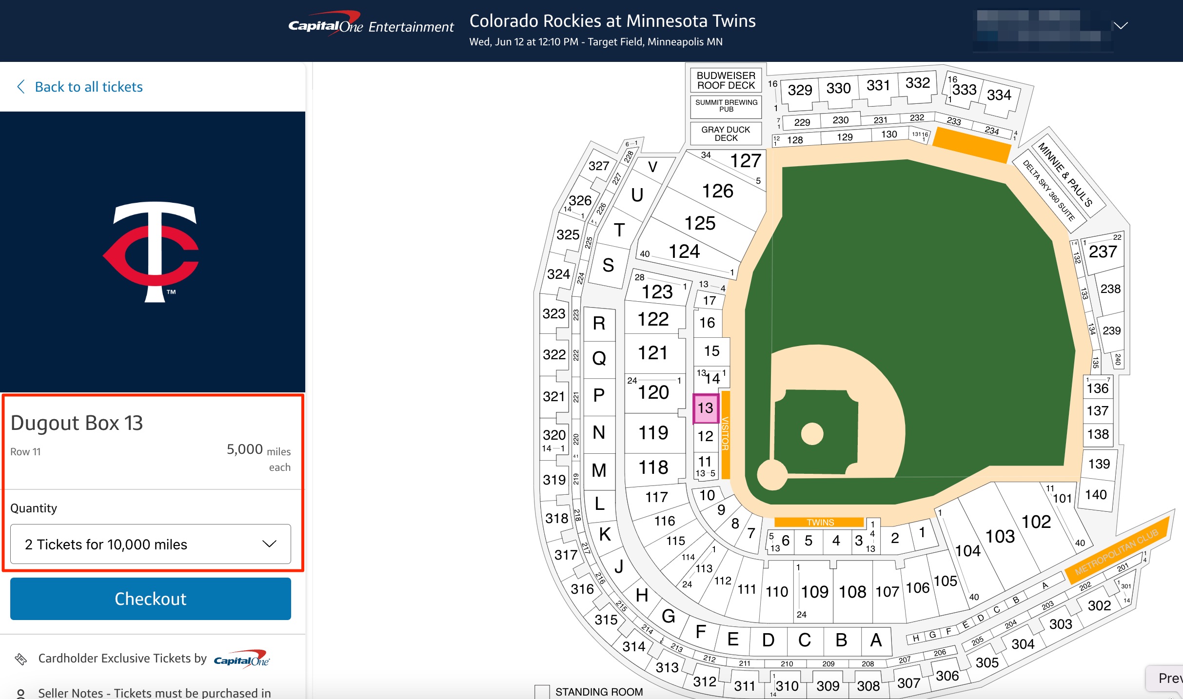 Buying lower-level MLB tickets with Capital One miles