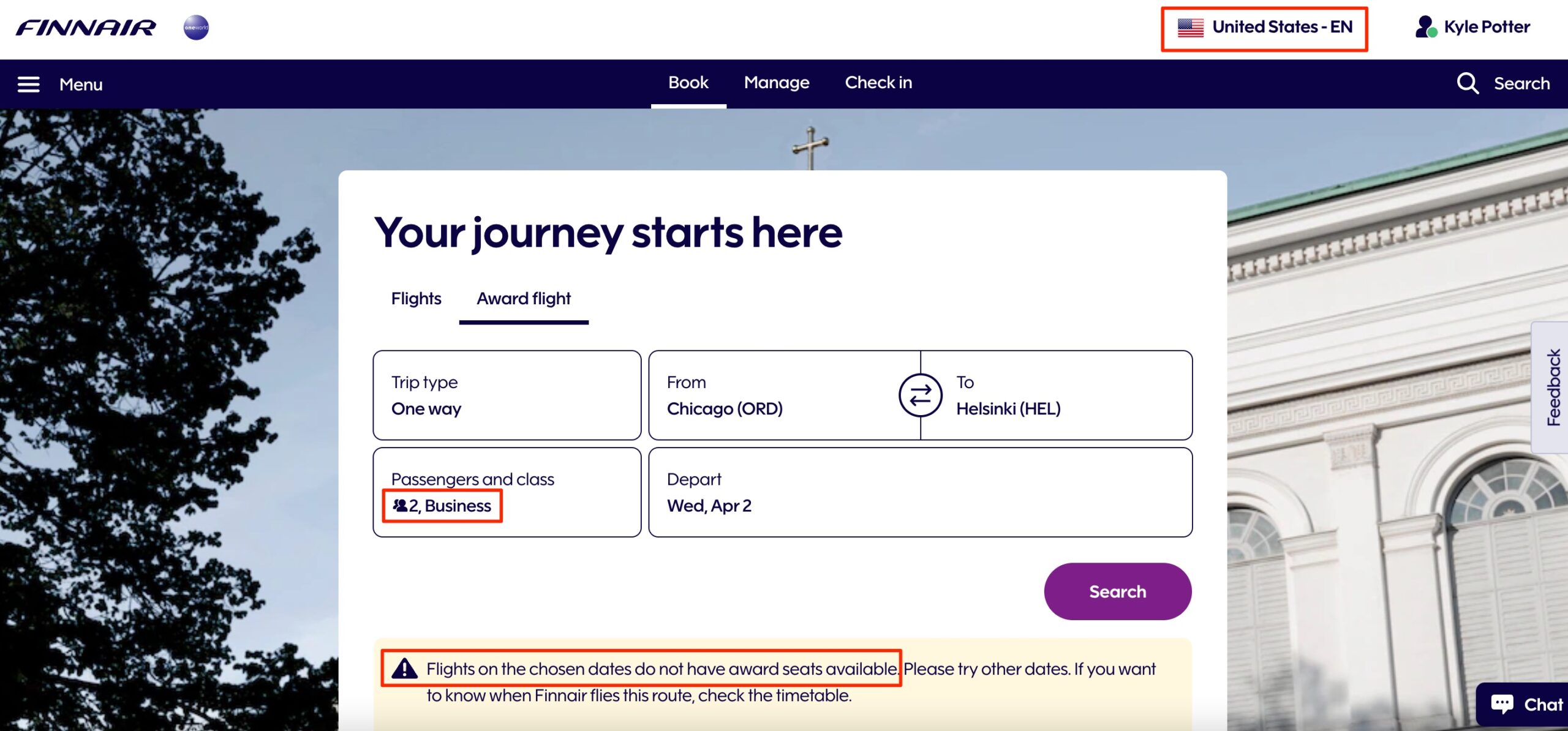 finnair us search for business class
