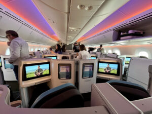 Hawaiian Airlines first class cabin from behind