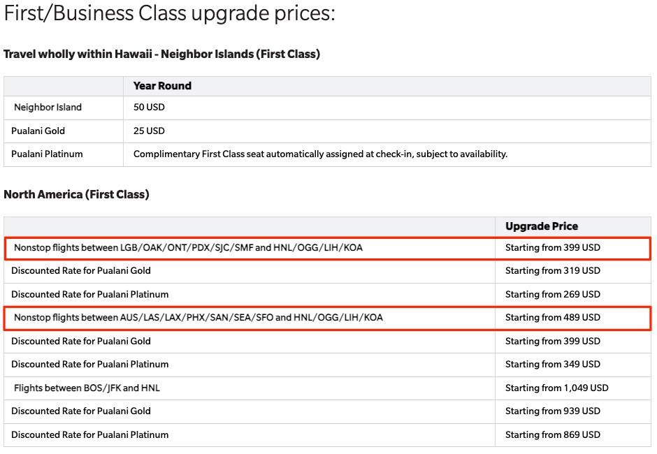 chart displaying hawaiian upgrade prices