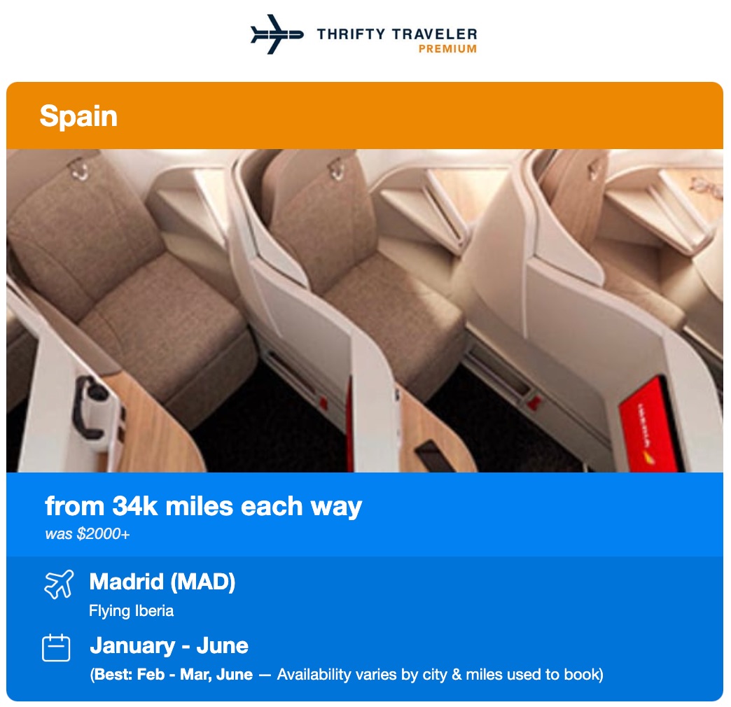 iberia biz class alert from thrifty traveler premium showing a business class seat