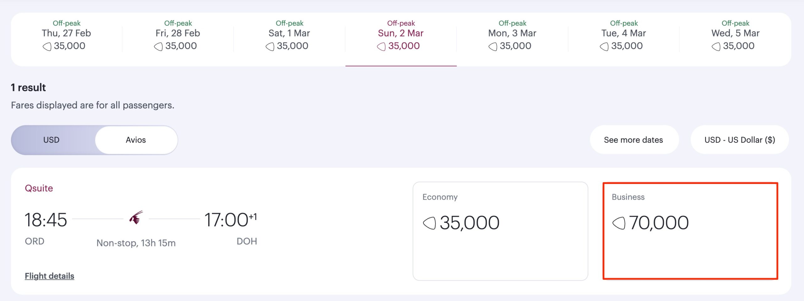 Qatar Award flight ORD-DOH
