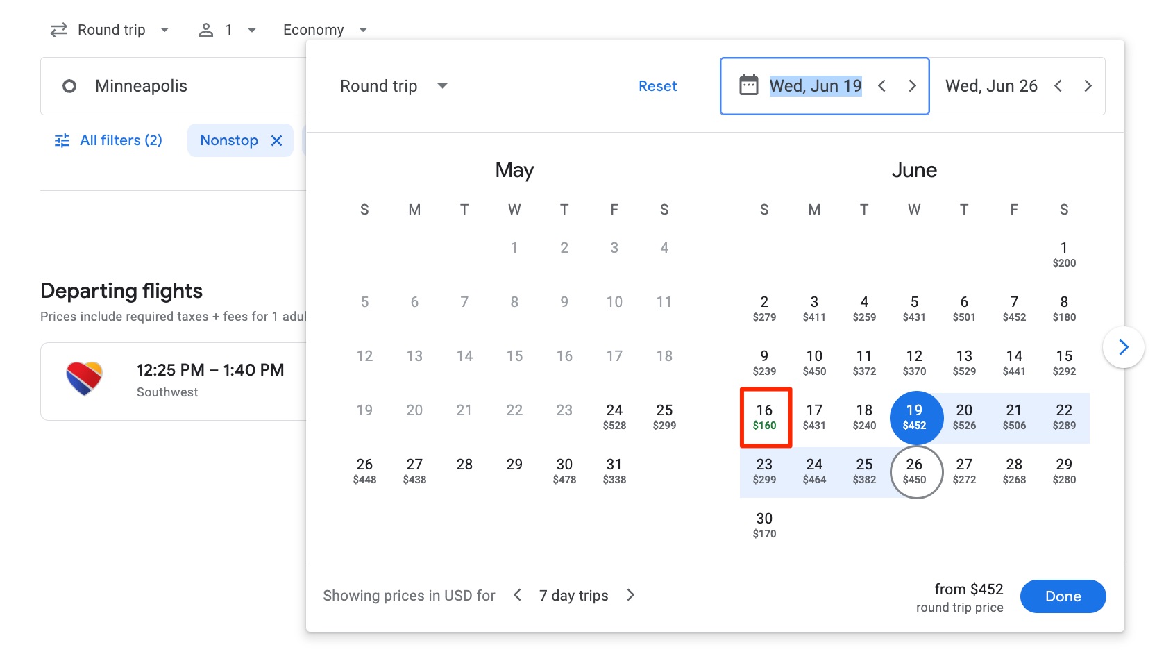 southwest fare calendar on google