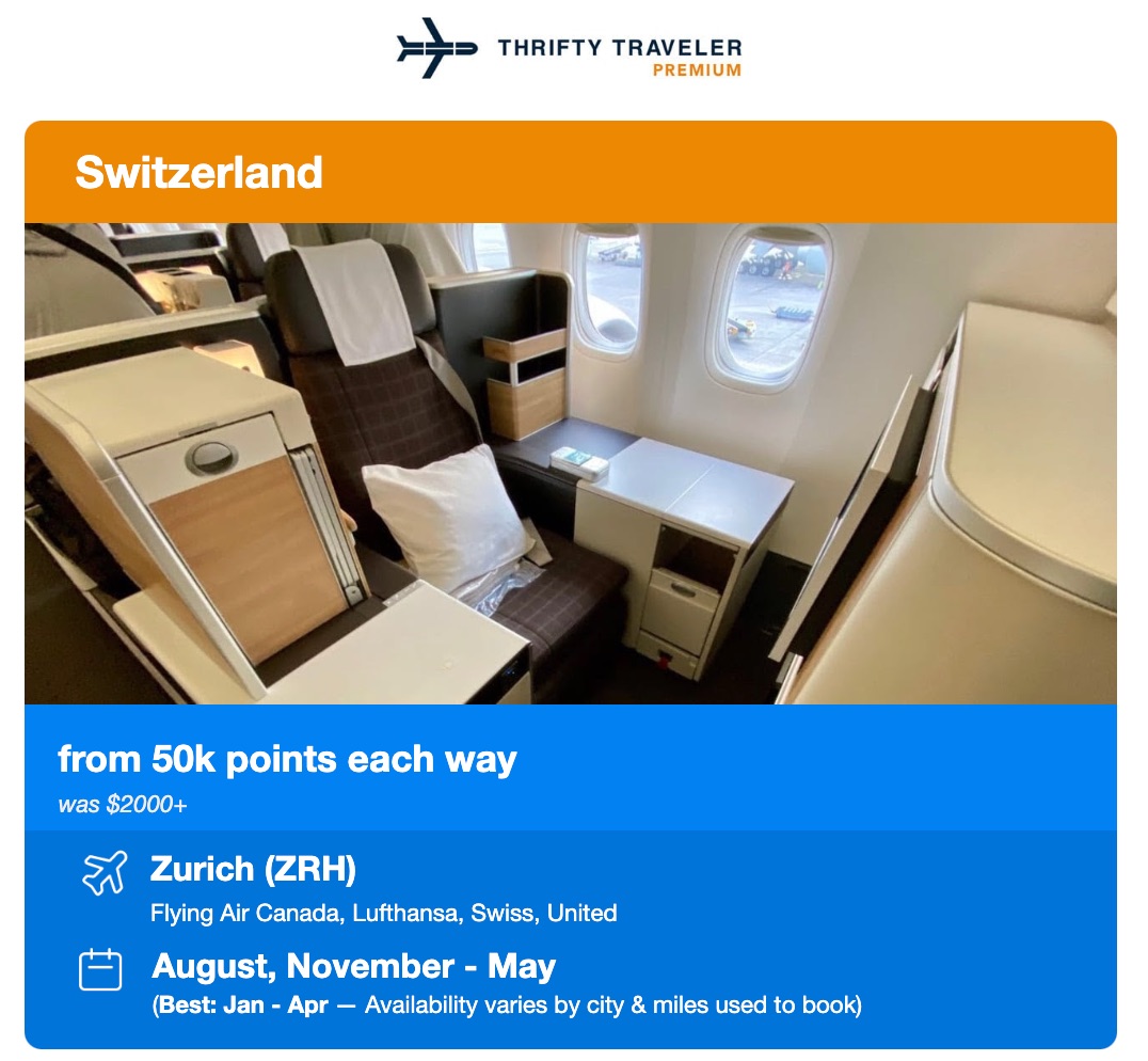 swiss alert from thrifty traveler premium with business class bookable from 60,000 points